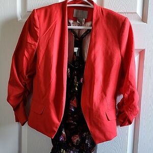 Women's Red Blazer With Sheer Blouse